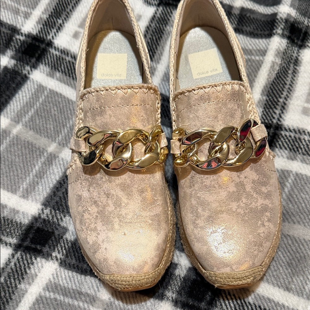Dolce Vita Blush Metallic Loafers with Gold Chain